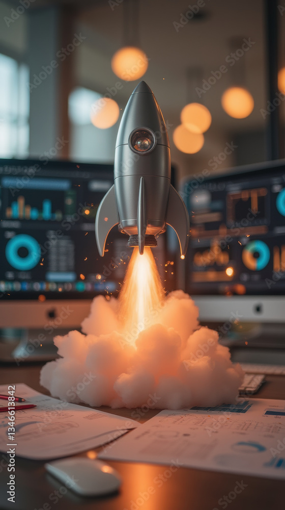 Poster sleek rocket launches from cloud of smoke, surrounded by computer screens displaying data and graphs