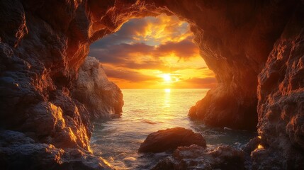 The golden light of the setting sun illuminates the waters of a hidden canyon, framed by rugged rock formations, creating a captivating scene.