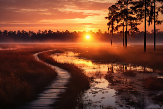 As first rays of sunlight pierce through misty marsh, a breathtaking spectacle unfolds, painting landscape palette of glistening gold, dancing shadows, and an overwhelming sense of enchantment that ac - Powered by Adobe