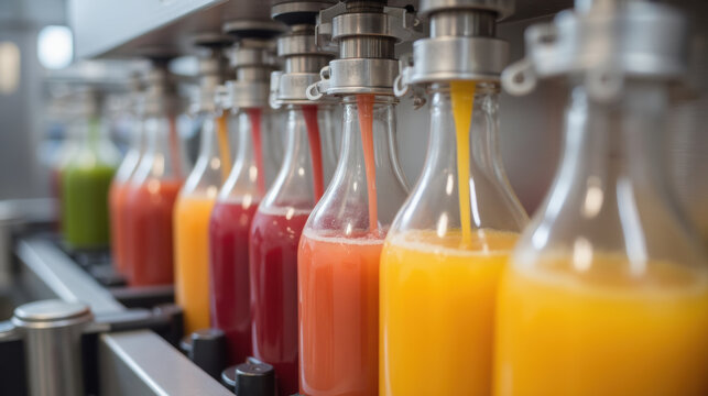 Freshly bottled juices in various colors line production line, showcasing vibrant flavors and freshness