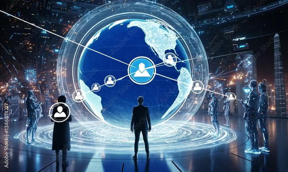 Poster futuristic video of earth in motion within a digital galaxy with glowing data flowing between contin
