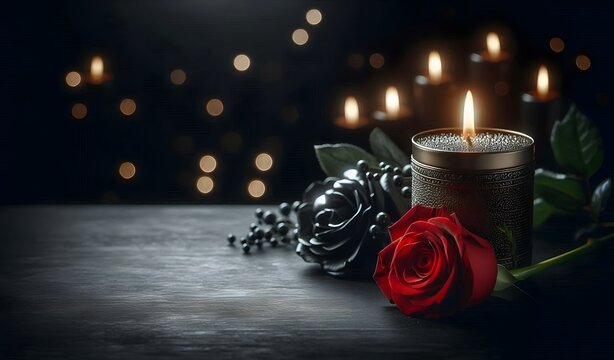 Trauer, schwarzer Hintergrund, eine Kerze brennt, eine rote rose, dezentes bokeh, copy space, Traueranzeige