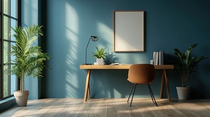 Corner of a room with a wooden desk and chair, styled as a home office mockup. 