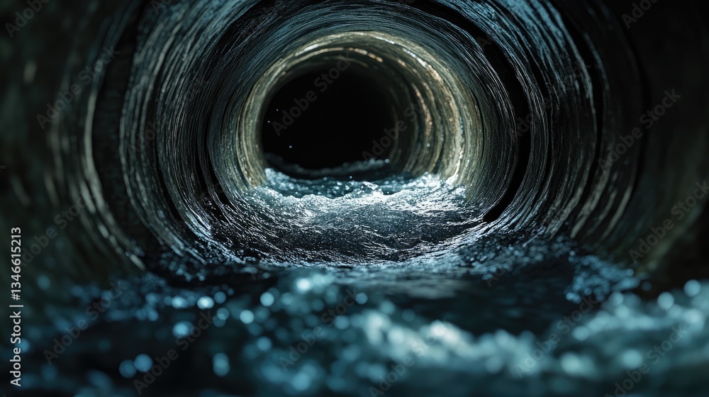 Poster the spiraling water flows gracefully from a metal pipe, creating a sense of calm as it flows into th