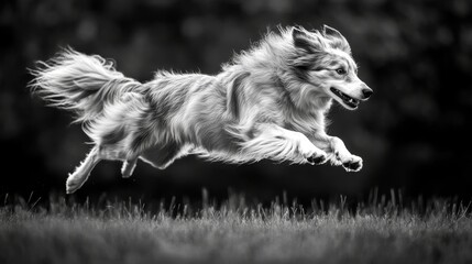 Fototapeta premium Energetic border collie leaping over grass in black and white action shot