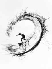 Surfer Riding a Stylized Wave in Black and White Art

