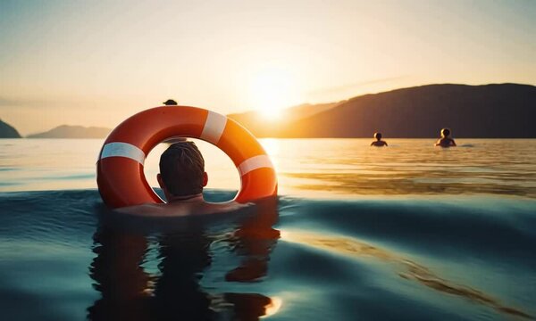 A man gasps for air as he drowns in a calm lake at twilight contrasting with the serene scenery. World Drowning Prevention Day