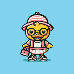 Adorable duck mascot wearing a pink outfit, hat, and glasses while carrying a handbag. Perfect for stickers, logos, and digital artwork.
