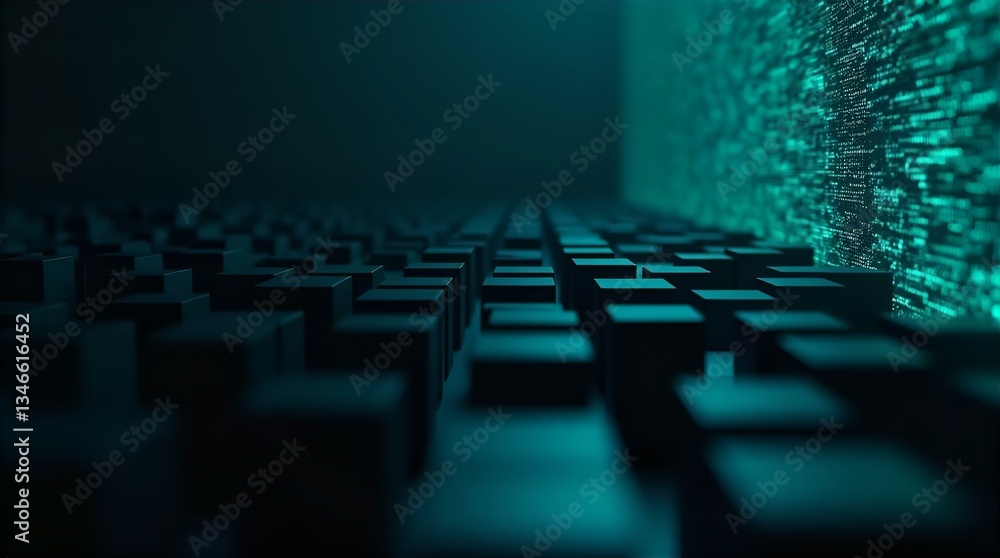 Poster moody dark teal cubes cyberpunk data wall abstract depth of field