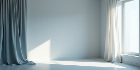 Obraz premium Serene Minimalist Room Interior with Draped Curtains and Sunlight Streaming Through Window