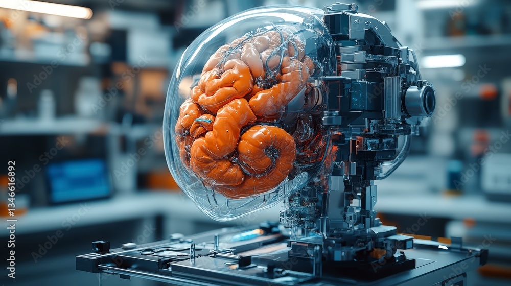 Poster Human brain inside a machine for robotic surgery demonstrating advanced techniques in internal organ stitching