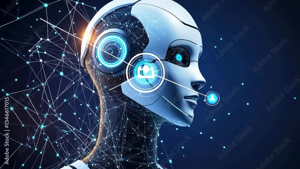 Poster exploring the concept of artificial intelligence through a futuristic robotic head design with intri