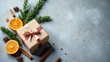 A Festive Gift Box Decorated with Citrus Slices, Aromatic Spices, and Evergreen Branches on a Textured Surface