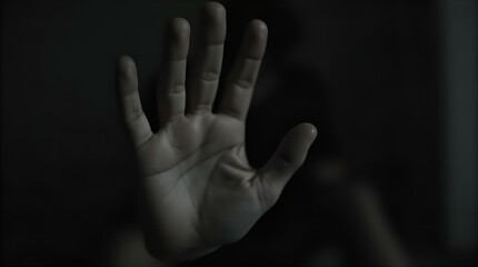 Dramatic Moody Close Up Human Hand Pressing Glass Window Dark Black Background Mystery Emotion Photo