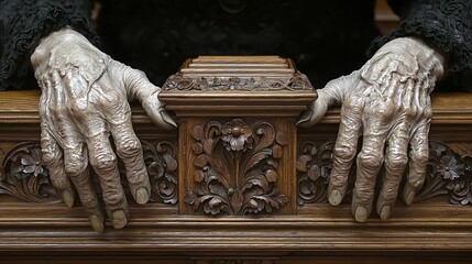Aged hands resting on carved wooden trim