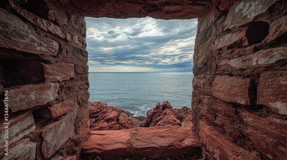 Poster through a narrow, weathered red stone window, the vast ocean stretches out before a sky of soft, mut