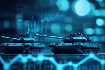 Military spending increasing with tanks and financial charts displayed