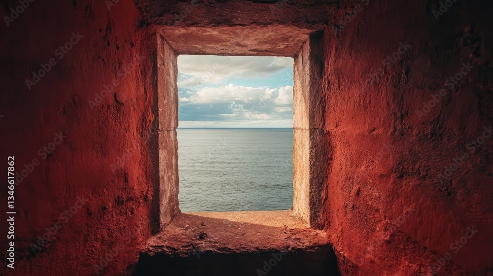 Poster through a narrow, weathered red stone window, the vast ocean stretches out before a sky of soft, mut