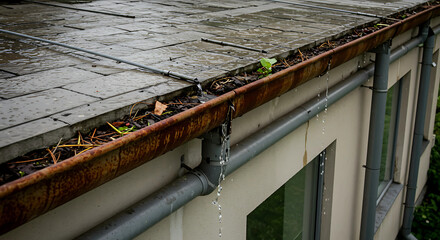 Rusty, clogged, and leaking gutters. Rainwater is misdirected, causing stains on the building facade. A neglected and problematic roof drainage system.