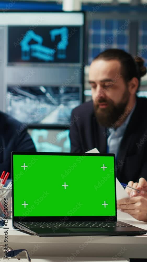 Poster vertical video factory engineers use green screen laptop to check pv materials parameters, improving