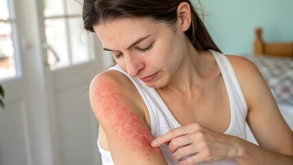 Woman Examining Red Rash on Arm Skin Irritation Allergy Reaction Healthcare Dermatology