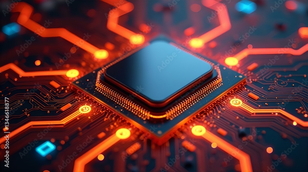 Aufkleber high tech futuristic abstract orange blue glowing microchip close up computer processor circuit boar