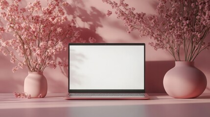 Laptop with blank screen surrounded by pink floral arrangements