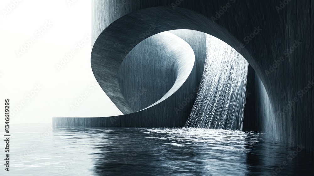 Poster water cascades from a spiral-shaped pipe, the fluid motion frozen in time, showcasing the dynamic fl