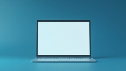 Silver laptop with a blank white screen on blue background