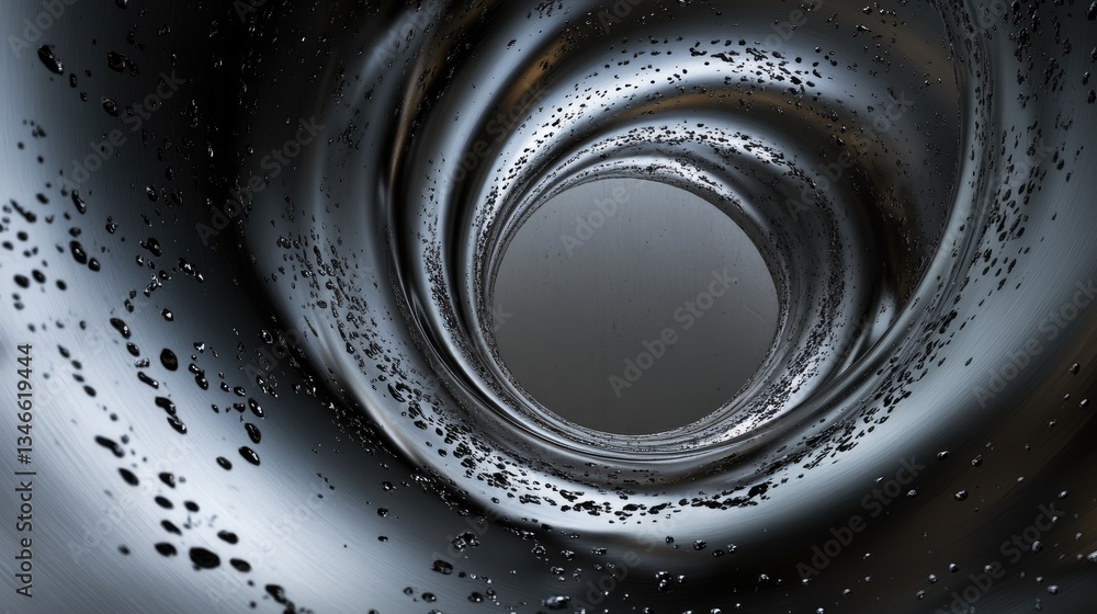 Poster water cascades from a spiral-shaped pipe, the fluid motion frozen in time, showcasing the dynamic fl