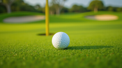 close up of golf ball on vibrant green putting green, showcasing smooth texture and dimples, with flagstick in background