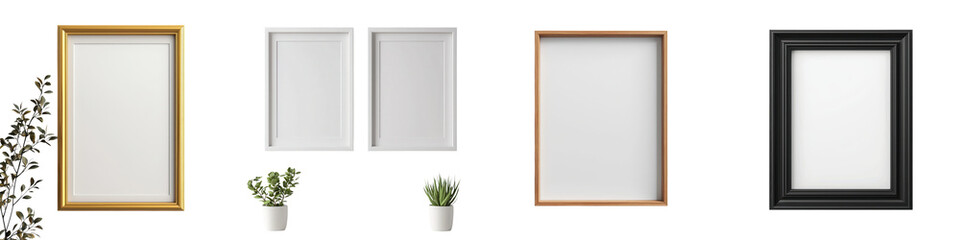 Fototapeta premium Collection of various sized and styled frames and mirrors in different materials and colors creating a cohesive and visually appealing display for home or office interior design