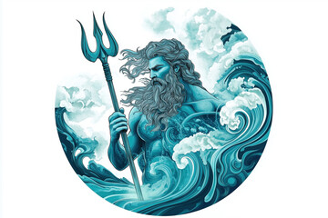 An enchanting illustration of Poseidon, the god of the sea and thunder, holding his trident amidst swirling ocean waves in shades of blue and teal