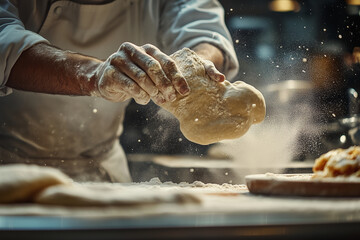 chef is making a pizza dough and sprinkling flour on it. The dough is being shaped and the chef is wearing an apron