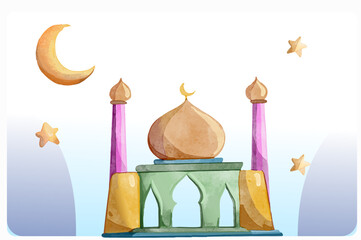 Hand drawn Sketch of Mosque for Ramadan and Eid mubarak greetings card with watercolor Background. Vector Illustration