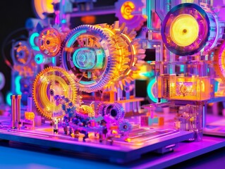 Abstract machine with gears neon colors light