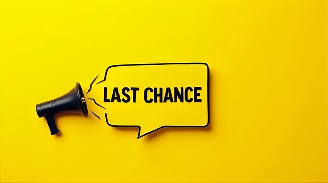 Urgent Last Chance Megaphone Announcement on Bright Yellow Background - Bold Speech Bubble - Limited Time Offer - Final Opportunity - Attention Grabbing Promotional Graphic