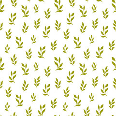 Seamless pattern with green branches on white background. Floral ornament for fabric, wallpaper, wrapping paper.