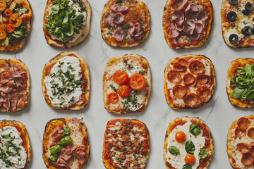 row of pizza slices with various toppings, including pepperoni, ham, and cheese. Concept of abundance and variety, as there are many different types of pizza to choose from