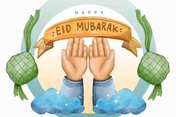 Hand drawn Watercolor Ramadan Kareem greeting Card Illustration, ramadan kareem cartoon vector for Islamic festival for banner, poster, background.