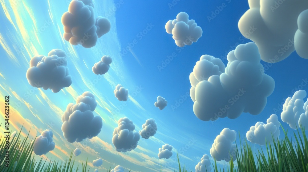 Poster fluffy clouds float over a grassy field