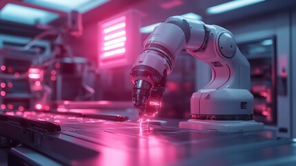 Robot engaged in working on a laptop to perform minimally invasive cancer surgery in a modern healthcare environment