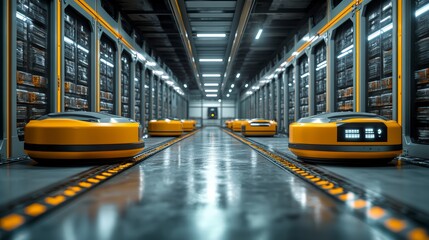 Futuristic fulfillment center featuring robotic sorting system with long row of yellow and black shelves