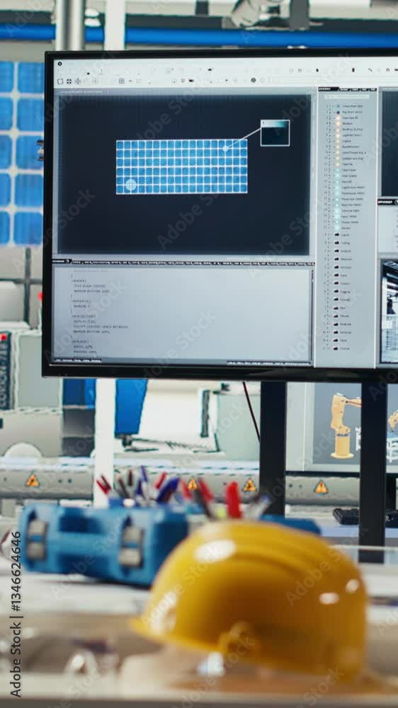 Poster vertical video display in empty photovoltaics factory monitoring system performance. monitor in sust