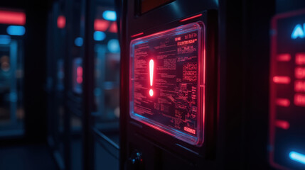 glowing red alert panel in futuristic environment, showcasing technology and digital displays