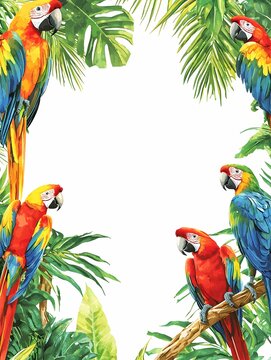 Charming tropical parrot border features vivid birds, perfect for your invites or posters!