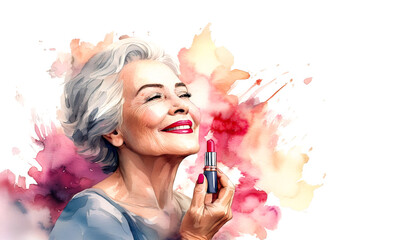Fototapeta premium beautiful mature woman with gray hair wrinkles presenting lipstick. watercolor aquarelle