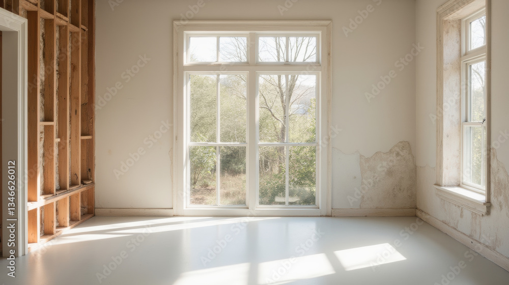Poster bright, empty room with large windows showcasing natural view. walls are partially unfinished, creat