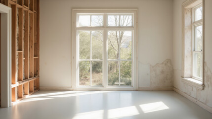 bright, empty room with large windows showcasing natural view. walls are partially unfinished, creating serene atmosphere
