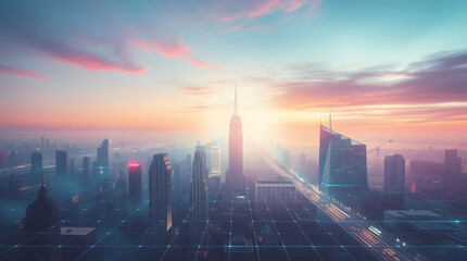 City skyline at dusk with a digital network overlay, blending urban and tech elements.